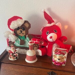 5 vintage Christmas items Ceramic Bell made in Taiwan, homemade Bear basket etc